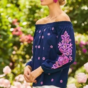 Lilly Pulitzer Navy and Pink Off-Shoulder Blouse